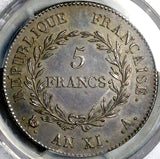 1802-A PCGS AU 58 France 5 Francs Napoleon I Consul An 11 Silver Coin (29080301C)