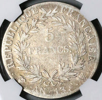 1804-W NGC VG 10 France 5 Francs Napoleon I An 13 Rare Lille 34k Silver POP 1/1 Coin (23072101C)
