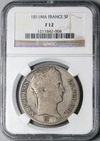 1811-MA NGC F 12 France 5 Francs Napoleon I Marseille Scarce Mint Silver Coin (23091702C)