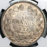 1834-W NGC MS 62 France 5 Francs Louis Philippe I Lille Silver Coin (23102701C)