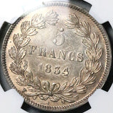 1834-W NGC MS 62 France 5 Francs Louis Philippe I Lille Silver Coin (23102701C)