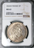 1834-W NGC MS 62 France 5 Francs Louis Philippe I Lille Silver Coin (23102701C)