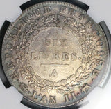 1793-A NGC XF 40 France 6 Livres L'an II Paris Convention Crown Silver Coin (26022702C)