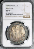 1793-A NGC XF 40 France 6 Livres L'an II Paris Convention Crown Silver Coin (26022702C)
