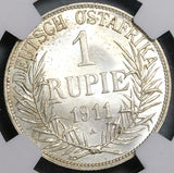 1911-A NGC MS 62 German East Africa 1 Rupie Rare Berlin Silver Coin POP 1/0 (24010401C)