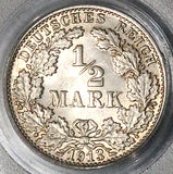 1913-F PCGS MS 65 Germany Silver 1/2 Mark Gem BU Stuttgart Mint Coin (25112401C)
