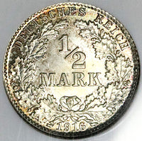 1916-D NGC MS 67 Germany 1/2 Mark Munich Mint Kaiser Reich Gem Silver Coin (25062802C)