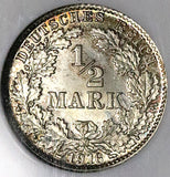 1916-D NGC MS 67 Germany 1/2 Mark Munich Mint Kaiser Reich Gem Silver Coin (25062802C)