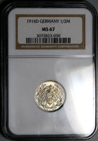 1916-D NGC MS 67 Germany 1/2 Mark Munich Mint Kaiser Reich Gem Silver Coin (25062802C)