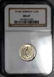 1916-D NGC MS 67 Germany 1/2 Mark Munich Mint Kaiser Reich Gem Silver Coin (25062802C)