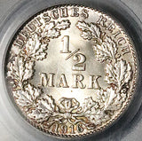 1916-E PCGS MS 65 Germany Silver 1/2 Mark Gem Muldenhutten Mint Coin (25112402C)