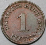 1893-D Germany 1 Pfennig AU Munich Kaiser Reich Scarce Coin (24071601R)