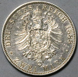 1888-A Prussia 2 Mark Berlin AU Friedrich Kaiser German Silver Coin (26081603R)