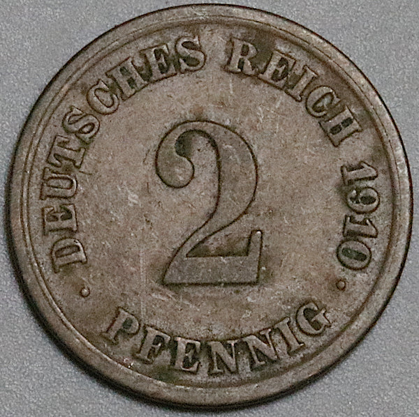 1910-F Germany 2 Pfennig VF Stuttgart Kaiser Reich Copper Coin (23061002R)