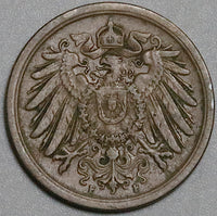 1910-F Germany 2 Pfennig VF Stuttgart Kaiser Reich Copper Coin (23061002R)
