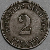 1913-J Germany 2 Pfennig XF Hamburg Kaiser Reich Copper Coin (23061003R)