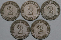 1908 1915 Germany 2 Pfennig Berlin Kaiser Reich Five Different Copper Coins (23061004R)