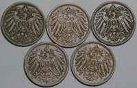 1908 1915 Germany 2 Pfennig Berlin Kaiser Reich Five Different Copper Coins (23061004R)