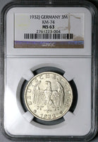 1932-J NGC MS 63 Germany 3 Mark Hamburg Mint Rare Silver Coin POP 5/2 (25070101C)