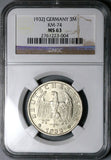 1932-J NGC MS 63 Germany 3 Mark Hamburg Mint Rare Silver Coin POP 5/2 (25070101C)