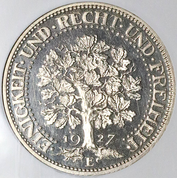 1927-E NGC PF 64 Cameo Germany 5 Mark Oak Tree Proof Silver Coin POP 1/1 (23060504C)
