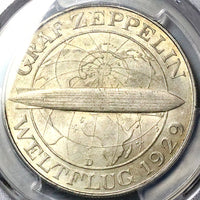 1930-D PCGS MS 62 Zeppelin World Flight Germany 5 Mark Silver Coin (24061103D)