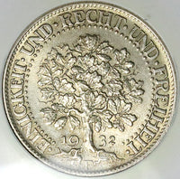 1932-F NGC MS 62 Germany 5 Mark Oak Tree Stuttgart Mint Silver Coin (25050503C)