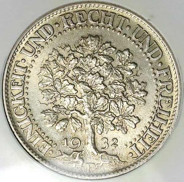 1932-F NGC MS 62 Germany 5 Mark Oak Tree Stuttgart Mint Silver Coin (25050503C)