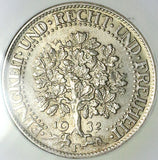 1932-F NGC MS 62 Germany 5 Mark Oak Tree Stuttgart Mint Silver Coin (25050503C)
