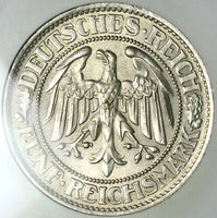 1932-F NGC MS 62 Germany 5 Mark Oak Tree Stuttgart Mint Silver Coin (25050503C)
