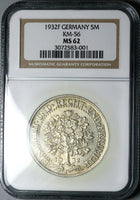 1932-F NGC MS 62 Germany 5 Mark Oak Tree Stuttgart Mint Silver Coin (25050503C)