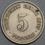 1909-E Germany 5 Pfennig VF Muldenhutten Low Mintage Kaiser Reich Coin (23061001R)