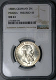 1888-A NGC MS 63 Prussia 2 Mark Friedrich III Germany State Silver Coin (23062503C)