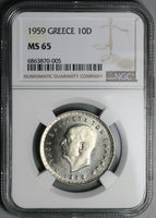 1959 NGC MS 65 Greece 10 Drachma King Paul Greek Hercules Gem Coin (24011002C)