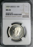 1959 NGC MS 65 Greece 10 Drachma King Paul Greek Hercules Gem Coin (24011002C)