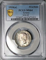 1910 PCGS MS 64 Greece 1 Drachma George Paris Mint State Silver Coin (24042402C)
