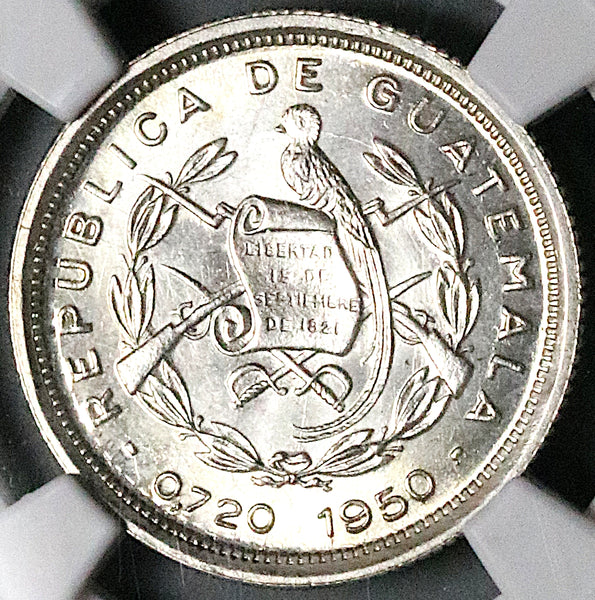 1950 NGC MS 65 Guatemala 10 Centavos Quirigua Monolith Gem Silver Coin (25112205C)