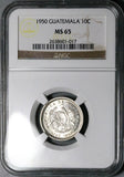 1950 NGC MS 65 Guatemala 10 Centavos Quirigua Monolith Gem Silver Coin (25112205C)