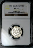 1950 NGC MS 65 Guatemala 10 Centavos Quirigua Monolith Gem Silver Coin (26051801C)