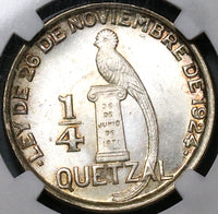 1946 NGC MS 65 Guatemala 1/4 Quetzal Bird Silver Mint State Gem Coin (23071701C)