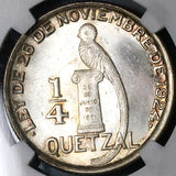 1946 NGC MS 65 Guatemala 1/4 Quetzal Bird Silver Mint State Gem Coin (23071701C)