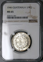 1946 NGC MS 65 Guatemala 1/4 Quetzal Bird Silver Mint State Gem Coin (23071701C)