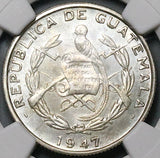 1947 NGC MS 65 Guatemala 1/4 Quetzal Bird Mint State Gem Silver Coin (24041601C)