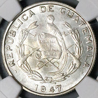 1947 NGC MS 65 Guatemala 1/4 Quetzal Bird Mint State Gem Silver Coin (24041803C)