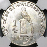 1947 NGC MS 65 Guatemala 1/4 Quetzal Bird Mint State Gem Silver Coin (24041803C)