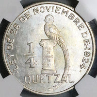 1947 NGC MS 65 Guatemala 1/4 Quetzal Bird Mint State Gem Silver Coin (24041803C)