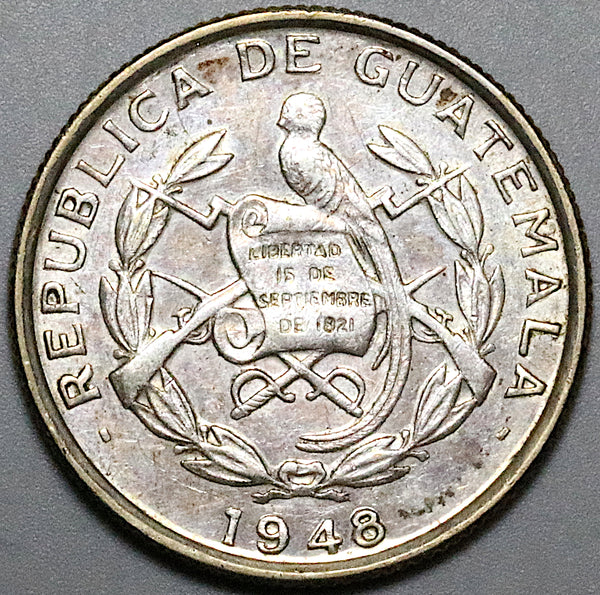 1948 Guatemala 1/4 Quetzal Bird AU Silver Coin (23062701R)