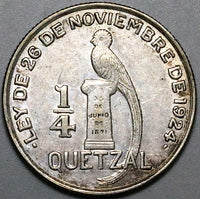 1948 Guatemala 1/4 Quetzal Bird AU Lustrous Silver Coin (23123106R)
