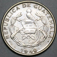 1949/8 Guatemala 1/4 Quetzal Bird AU 25k Rare Silver Coin (23123107R)