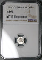 1821 NGC MS 66 Guatemala 1/4 Real Spain Colonial Silver Coin (24022401C)